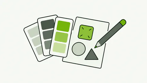 Una matita, campioni di colore e forme geometriche compongono un’identità visiva.