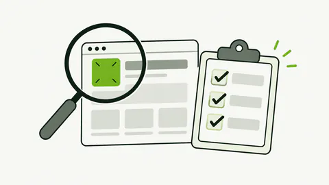 Una lente e una lista di controllo accompagnano l’analisi di una pagina web.